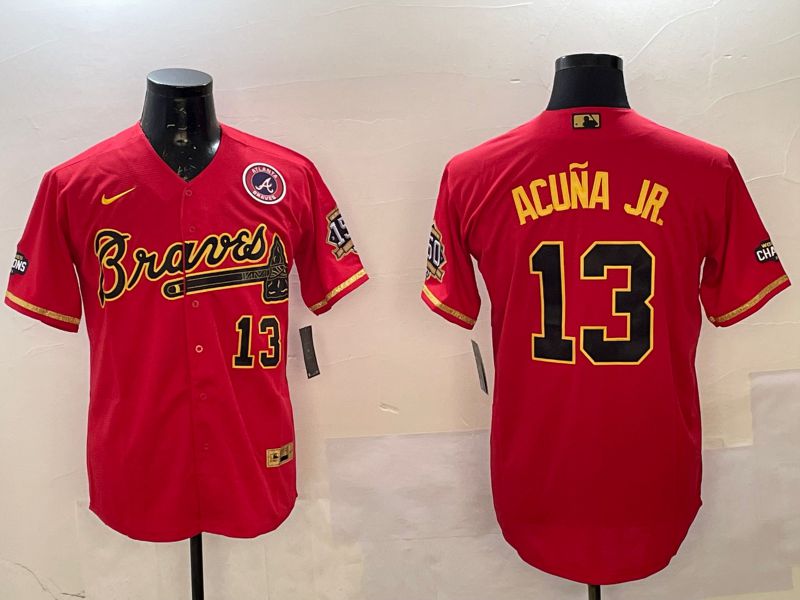 Men Atlanta Braves 13 Acuna jr Red gold Game 2025 Nike MLB Jersey style 1